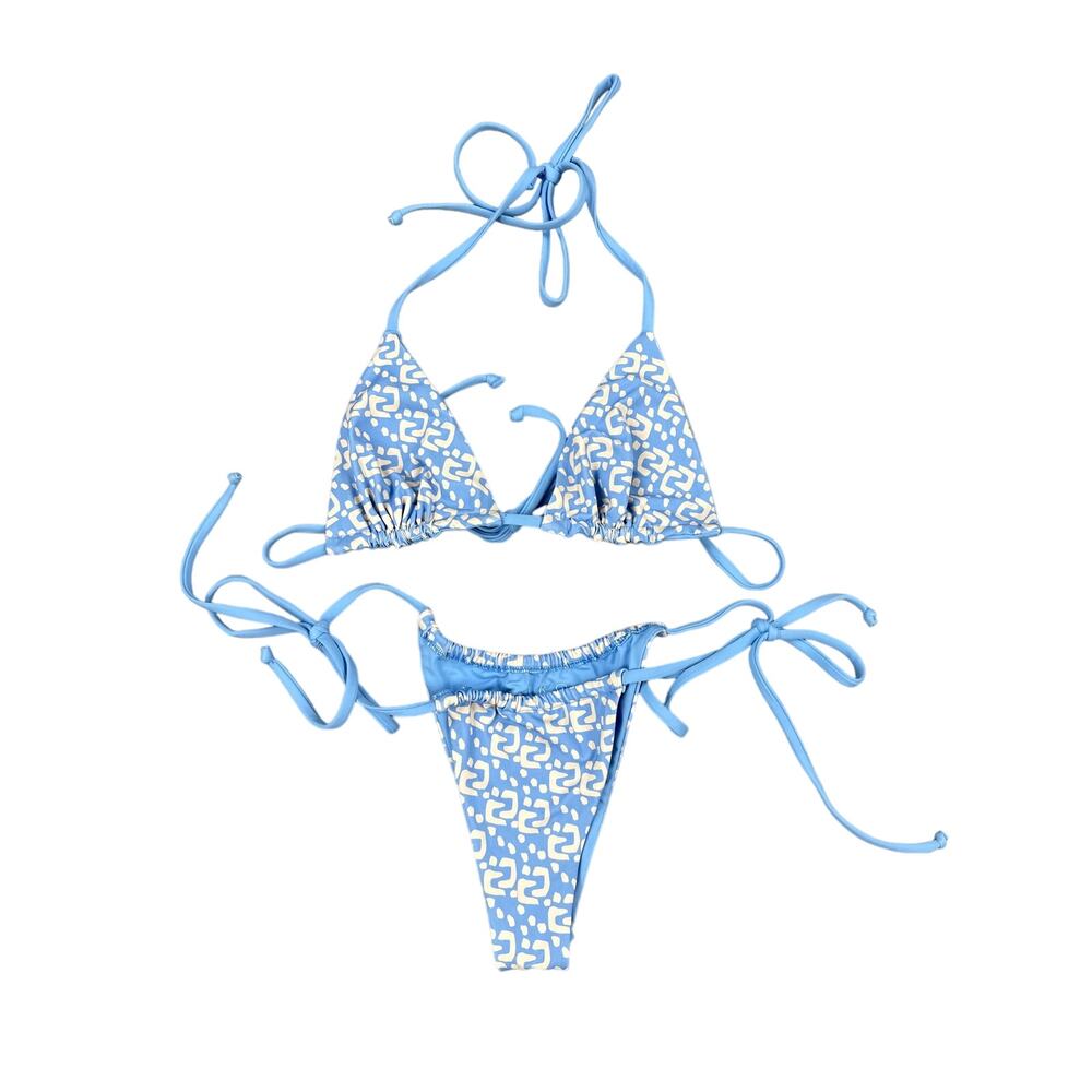 Aro Swim - Patterned Triangle Bikini Top & Bottoms Set in Light Blue & White